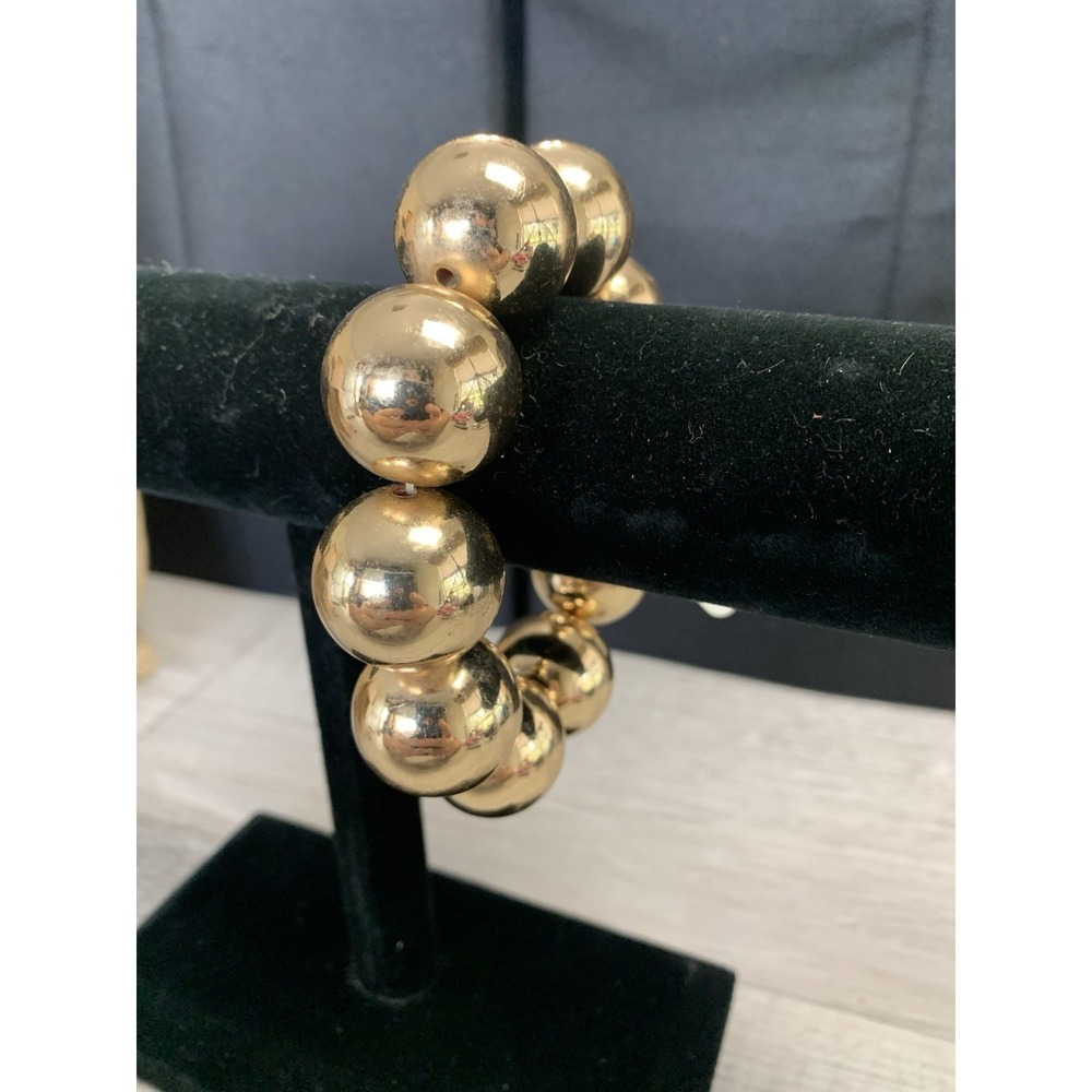 Ball Beaded Stretch Bracelet Gold Tone Statement Party Y2K 6 - 8"‎ - Picture 2 of 7